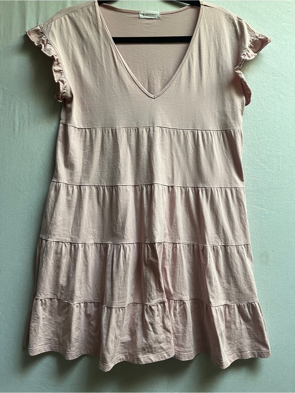 Marigolden Pink Tiered Flutter Sleeve Mini Dress Pockets Size S